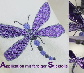 Applikation Libelle für farbige Stickfolie, zwei Größen ab Rahmen 10 cm x 10 cm
