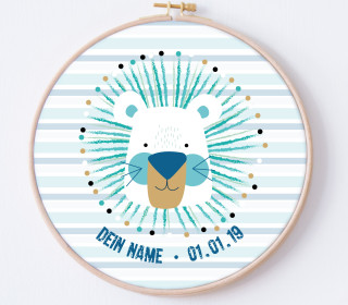DIY Stickrahmen - König Der Tiere - Löwe - Blau - personalisiertes Stickrahmen Bild - Anna Anjos - zum Selbermachen