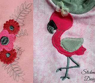 Flamingo Stickdatei Set Applikation inkl. floralem Zweig in verschiedenen Größen für Mädchen