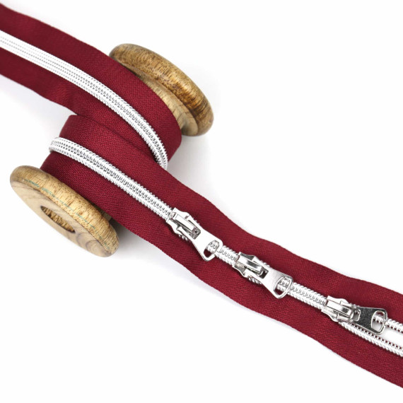 1m Endlosreißverschluss Metall *S80*+3 Zipper - Silber/Bordeaux