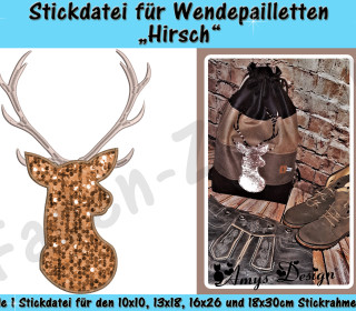 Wendepailletten-Applikation Hirsch - Stickdatei-Set für den 10x10cm bis 18x30cm Rahmen