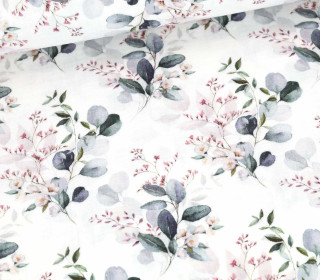 Musselin - Muslin - Double Gauze - Aquarell Eukalyptus & Blüten - Schnuffeltuch - Windeltuch - Weiß