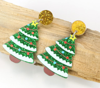 1 Paar Ohrringe - Acryl - Tannenbaum - Weihnachten - Glitzer - 2-teilig - super leicht - Grün/Gold - Namensklang