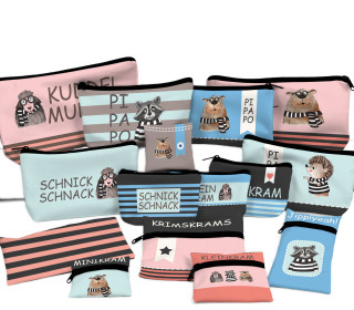 DIY-Nähset - Softshell - Fleece - 15 Stift - und Kramtaschen - fröhliche Tierfreunde - Happy - ela ideen - abby and amy