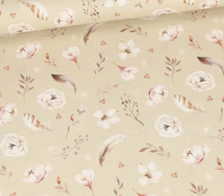 Baumwolle - Cretonne - Bedruckt - Federn & Blüten - Beige