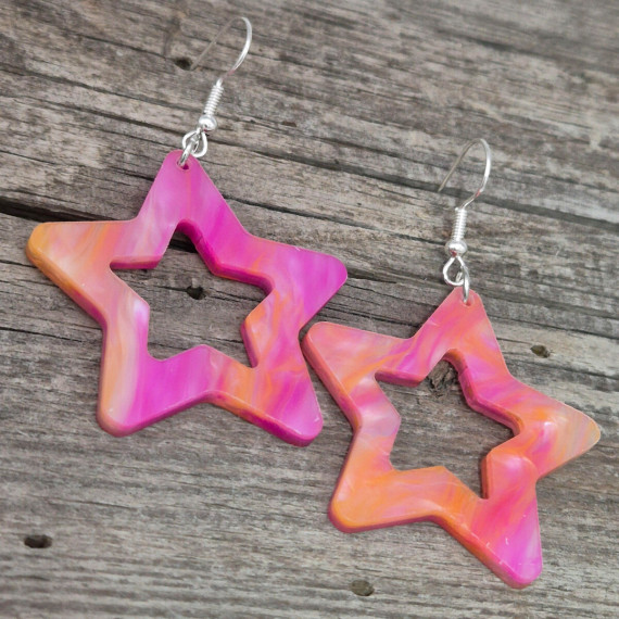 1 Paar Ohrringe - Acryl - Stern - Marmoriert - Stern-Aussparung - super leicht - Pink/Orange - Namensklang