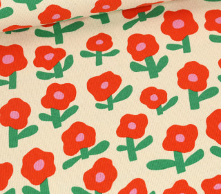 Bio Ripp Jersey - Schmale Rippen - JENNIFER BOURON - Flowers - Ecru/Rot