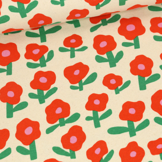 Bio Ripp Jersey - Schmale Rippen - JENNIFER BOURON - Flowers - Ecru/Rot