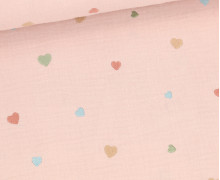 Musselin - Muslin - Double Gauze - Bestickt - Bunte Herzen - Beigerosa