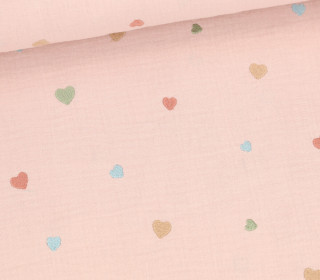 Musselin - Muslin - Double Gauze - Bestickt - Bunte Herzen - Beigerosa
