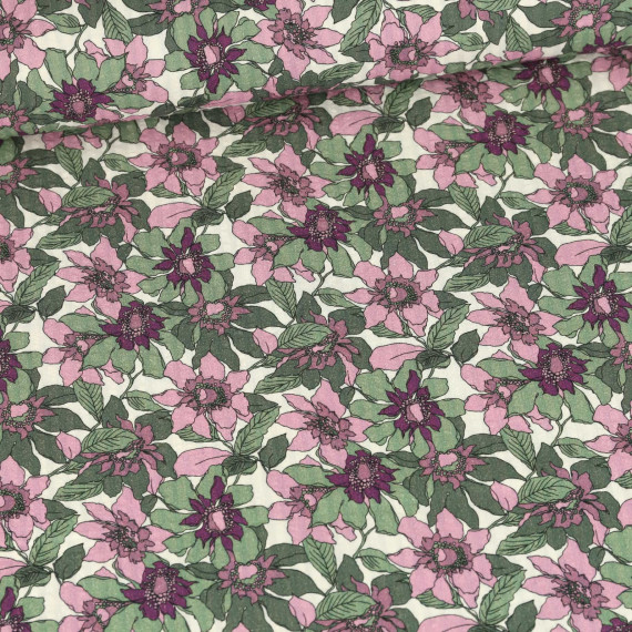 Baumwolle - Webware - Vintage - Große Blüten - Ecru/Altrosa/Grün