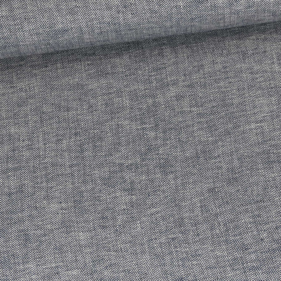 Leinen - Baumwoll - Mischgewebe - Fischgrätmuster - Warmweiß/Stahlblau