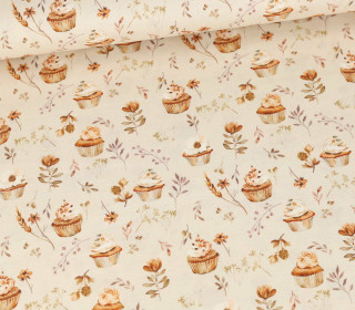 Baumwolle - Cretonne - Bedruckt - Cupcakes & Blätter - Beige