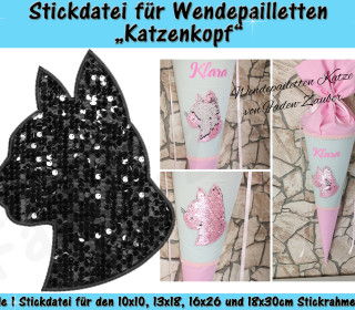 Wendepailletten-Applikation Katzenkopf - Stickdatei-Set für den 10x10cm bis 18x30cm Rahmen