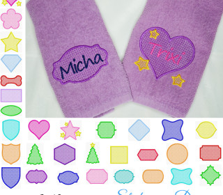 Stickdatei Set Colorful Labels Handtuchmotive als Hintergrund für Namen oder Initialien auf hochflorigen Stoffen