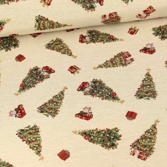 Gobelinstoff Premium Weihnachten Weihnachtsbäume & Geschenke Creme