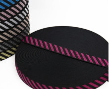 1 Meter Gummiband - 25mm - Stripes - Glitzer - Schwarz/Magenta