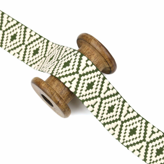 1 Meter Gurtband  - 38mm - Zweifarbig - Rautenmuster - Warmweiß/Olivgrün