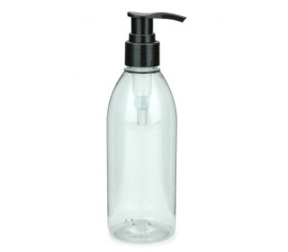 1 Recycling PET Flasche - 250ml - mit Seifenspender - Seifenpumpe - 24/410 Gewinde glatt - Schlauchlänge 170mm - Transparent/Schwarz