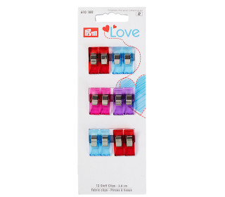 12 Stoff Clips - 2,6cm - Prym Love - Blau/Rosa/Lila/Rot
