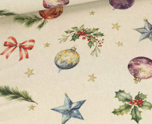 Half Panama Premium - Baumwolle - Leinenoptik - Weihnachtskugeln - Creme Meliert
