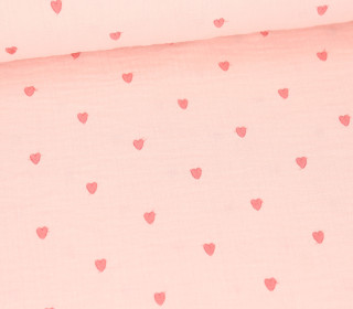 Musselin - Muslin - Double Gauze - Bestickt - Kleine Herzen - Blassrosa