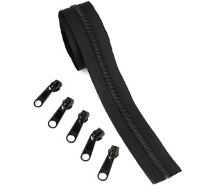Zubehör Set für DIY-Nähset - 5 Zipper - 1,5m Endlosreißverschluss - Schwarz - für Softshell Taschen und Wetbags