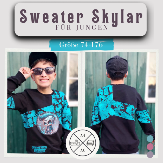 Schnittmuster und Nähanleitung Sweater Hoodie Pullover Skylar für Jungen Größe 74-176