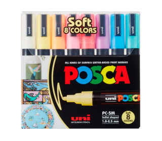 8 Acryl-Farbmarker - PC-3M - Rundspitze 0,9-1,3mm - Fein - Pastell - Auf Wasserbasis - POSCA - Weiß/Lichtgelb/Apricot/Hellrosa/Korallenrosa/Lavendel/Hellblau/Aquagrün