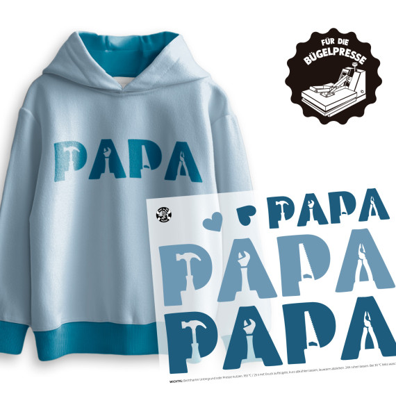 Onkel Bo's Bügelbilder - DIN A4 - Papa Schriftzug - Werkzeuge - Blau