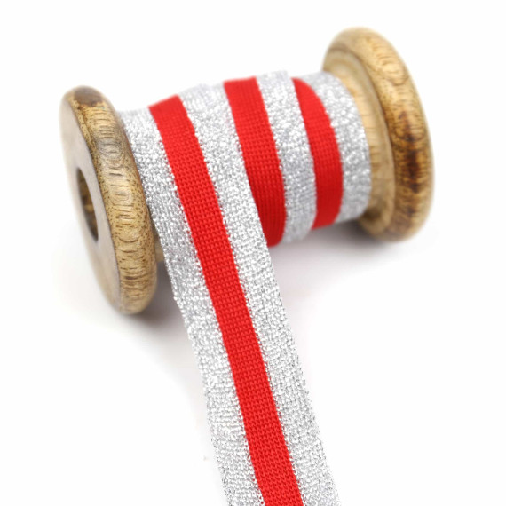 1 Meter Zierband - Dekoband - 25mm - Streifen - Glitzer - Silber/Rot