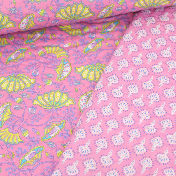 Baumwoll Stepper - Steppstoff - Wattiert - Doubleface - Blumen - Streifen - Rosa/Rosa