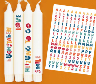DIN A4 - Kerzen-Tattoofolie - Buchstaben - Bunt - für Kerzen / Keramik