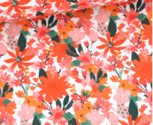 Musselin - Muslin - Double Gauze - Blumenwiese - Weiß/Orangerot