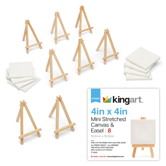 8 Mini-Künstler-Leinwände - 4" x 4" - mit passenden 5-Zoll-Holzstaffeleien - kingart STUDIO