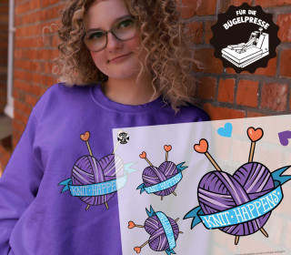 Onkel Bo's Bügelbilder - DIN A4 - Knit happens - Herz - Lila - Hamburger Liebe - BIG