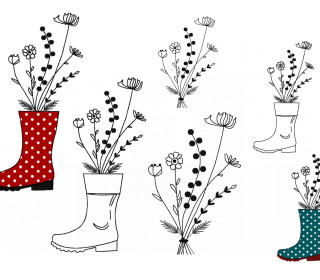 Stickdatei Blumen im Stiefel, LineArt, Redwork, Blumen solo, zwei Größen, 6 Dateien, 10x10 cm und 13x18cm