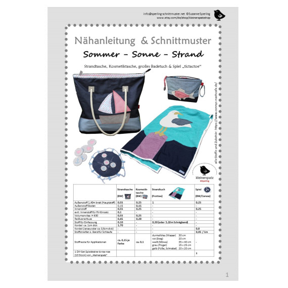 Nähanleitung und Schnittmuster Strandtasche, Kosmetiktasche, Handtuch und Spiel