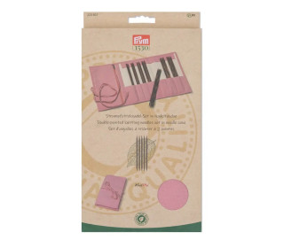 Holz Strumpfstricknadel-Set - Nadeltasche - 7 Nadelspiele á 5 Nadeln - 20cm - Ø 2,0 - 4,5 mm - Prym - Rosa/Natur