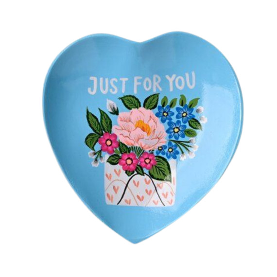 Flache Dekoschale "LOVE PLATE" - JUST FOR YOU - Mangoholz - Herzform - Dunkelblau