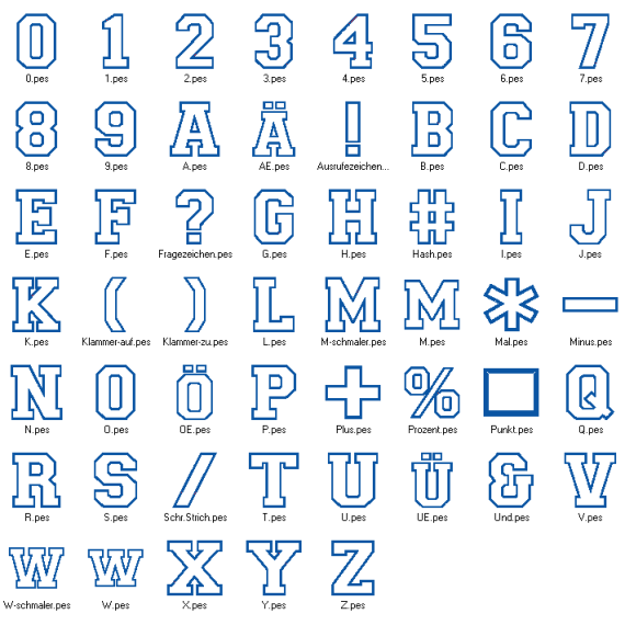 Stickdatei - 20cm College Buchstaben und Zahlen Alphabet Zahl