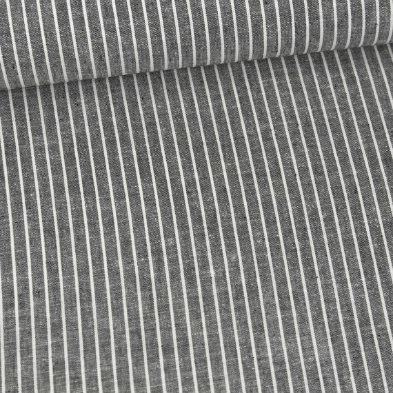 Leinen - Baumwolle - Mischgewebe - Dünne Weiße Streifen - 176g - Melange - Schwarz