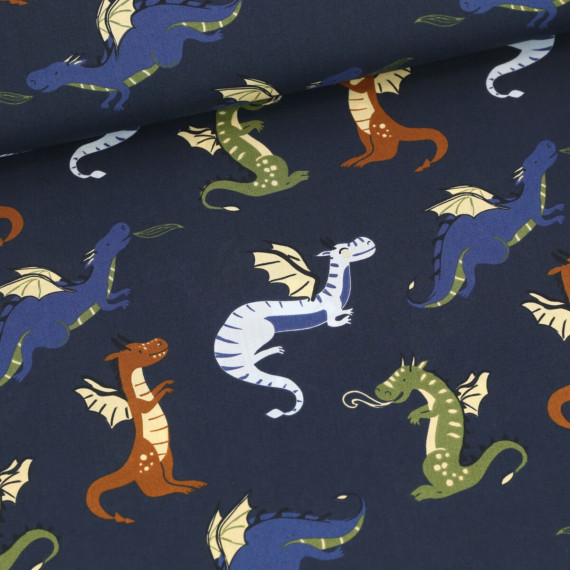Baumwolle - Webware - Fine Popeline - Dragons - Stahlblau