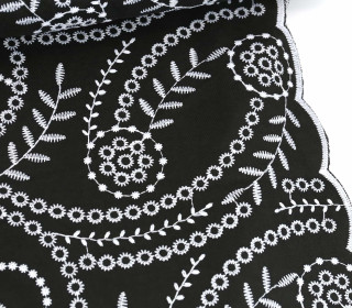 Luxor Leinen - Bestickt - Florales Design - Bogenkante - Schwarz