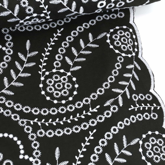Luxor Leinen - Bestickt - Florales Design - Bogenkante - Schwarz