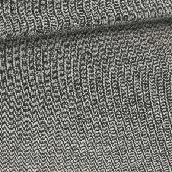 Leinen - Baumwoll - Mischgewebe - Fischgrätmuster - Warmweiß/Schwarz