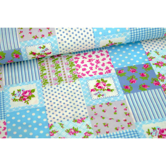 Stoff Rosen Patchwork Hellblau