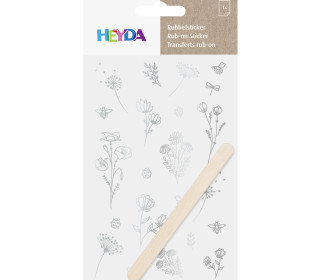 1 Bogen Rubbelsticker - Inkl. Holzstick - Blumen - Silber Glänzend
