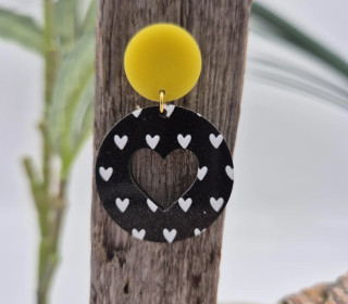 1 Paar Ohrringe - 3D Herz Aufdruck - Acryl - 2-teilig - super leicht - Schwarz/Weiß/Gelb - Namensklang