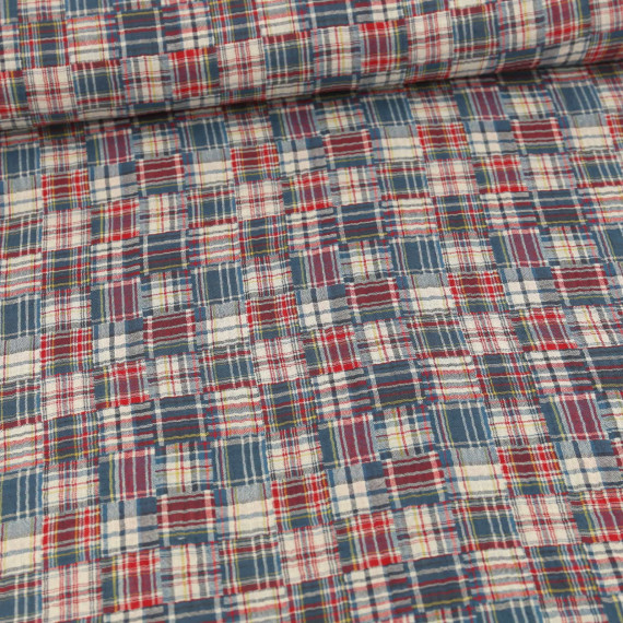Musselin - Muslin - Double Gauze - Beidseitig - Kariert - Patchwork - Jeansblau/Dunkelrot/Warmweiß
